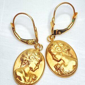 14K yellow Gold Cameo Drop Earrings Victorian Revival JR1131